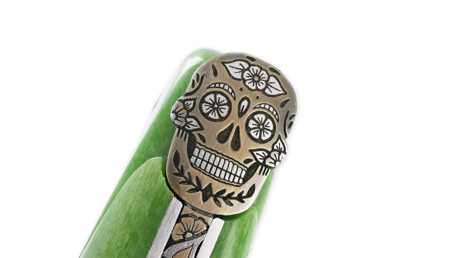 Couteau Prestige Laguiole Tête de Mort Mexicaine Manche Os chameau 1 Pièce 12 cm Lame Damas Ressort Guilloché Main