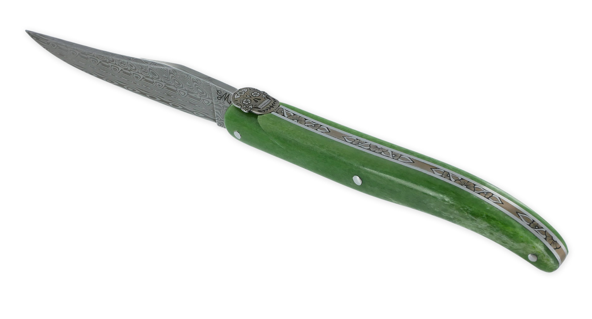 Couteau Prestige Laguiole Tête de Mort Mexicaine Manche Os chameau 1 Pièce 12 cm Lame Damas Ressort Guilloché Main