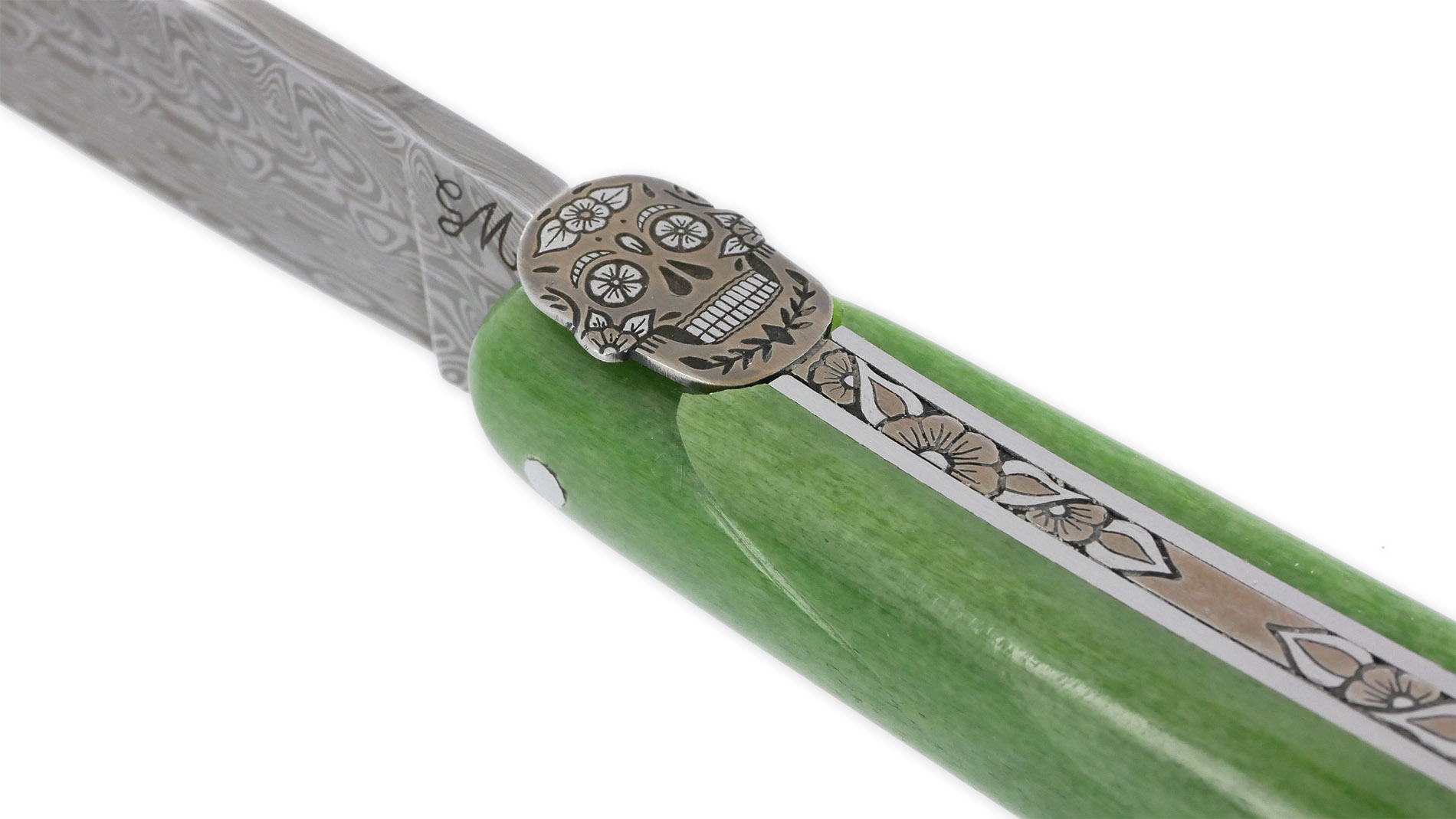 Couteau Prestige Laguiole Tête de Mort Mexicaine Manche Os chameau 1 Pièce 12 cm Lame Damas Ressort Guilloché Main