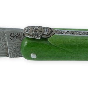 Couteau Prestige Laguiole Tête de Mort Mexicaine Manche Os chameau 1 Pièce 12 cm Lame Damas Ressort Guilloché Main