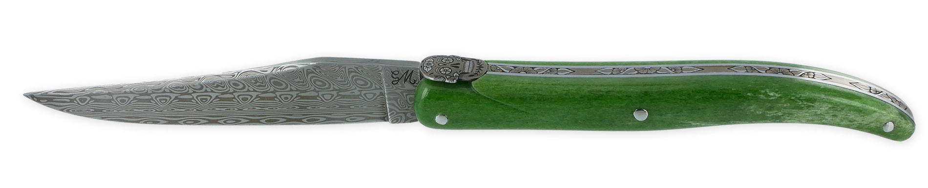 Couteau Prestige Laguiole Tête de Mort Mexicaine Manche Os chameau 1 Pièce 12 cm Lame Damas Ressort Guilloché Main