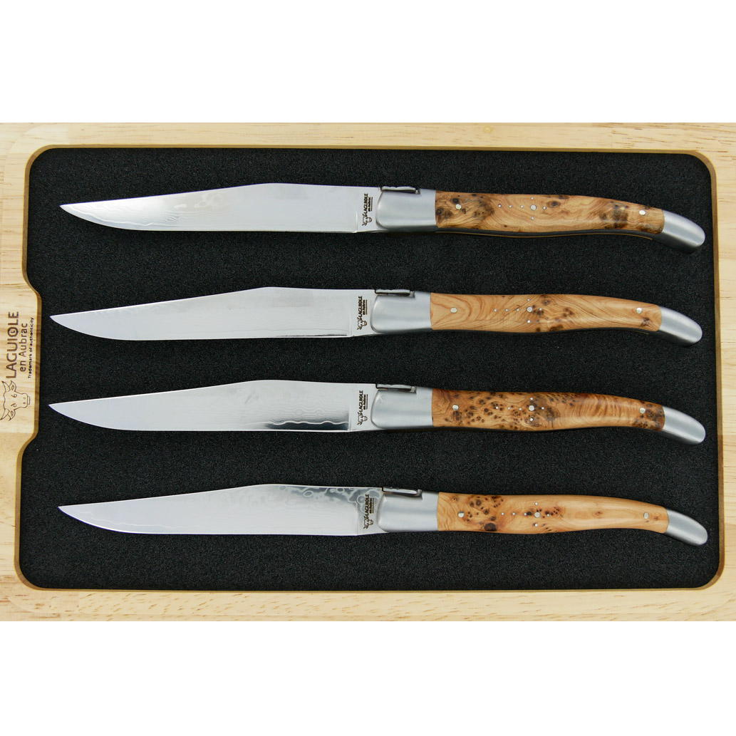 Couteaux de table Prestige Laguiole en Aubrac Genévrier Lame Damas (Set de 4)