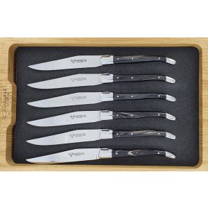 Laguiole en Aubrac Table knives of Dessert or Salad Black Buffalo Horn (Set of 6)