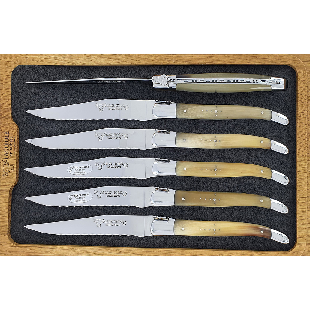 Laguiole en Aubrac Table knives Steak Serrated Horn Tip (Set of 6)