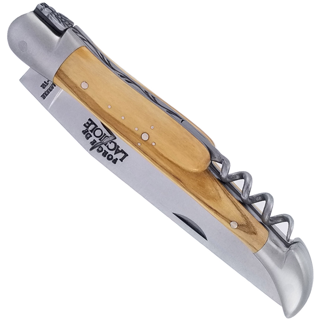 Couteau Forge de Laguiole Manche en Olivier avec Tire Bouchon 2 pièces Inox Brossé 12 cm