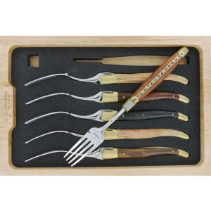 Fourchettes de table Laguiole en Aubrac Bois Mixtes Mitres Laiton Brossé (Set de 6)