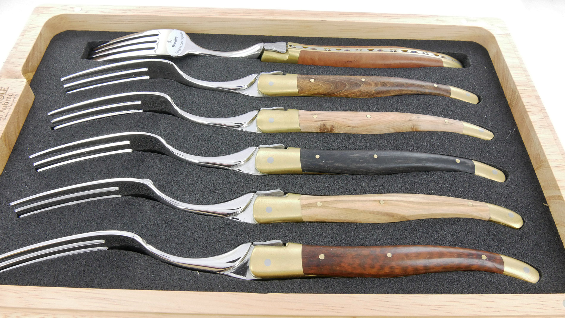 Fourchettes de table Laguiole en Aubrac Bois Mixtes Mitres Laiton Brossé (Set de 6)