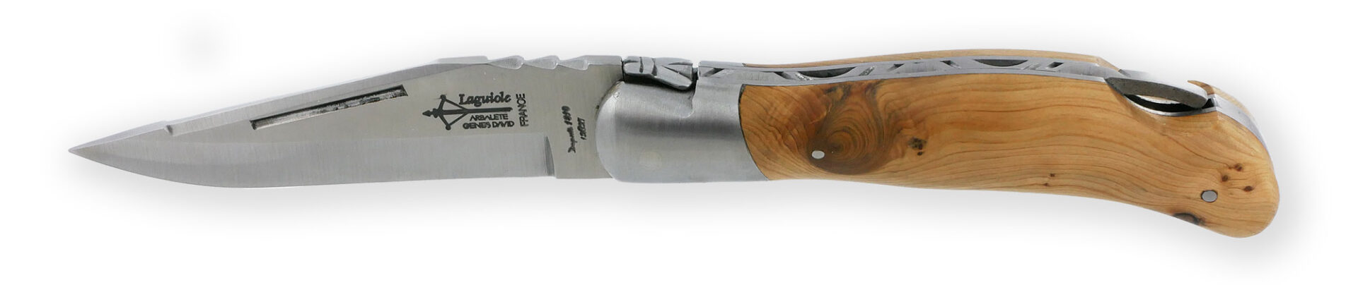 Couteau Laguiole de Chasse Arbalète Manche Genévrier Inox Brossé 12cm