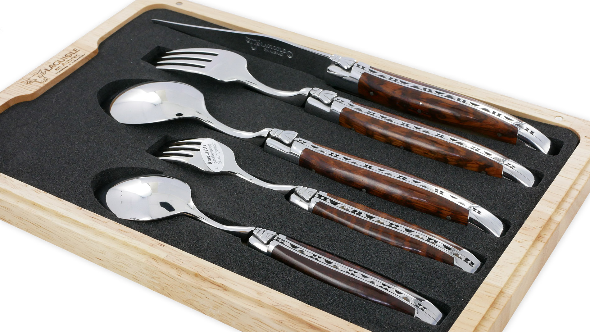 Set de table individuel Laguiole en Aubrac 5 pièces Manches en Amourette Finition Brillante