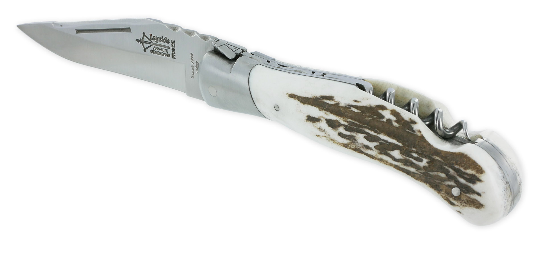 Couteau Laguiole de Chasse Arbalète avec Tire Bouchon Manche Bois de cerf 12cm Finition Brossée