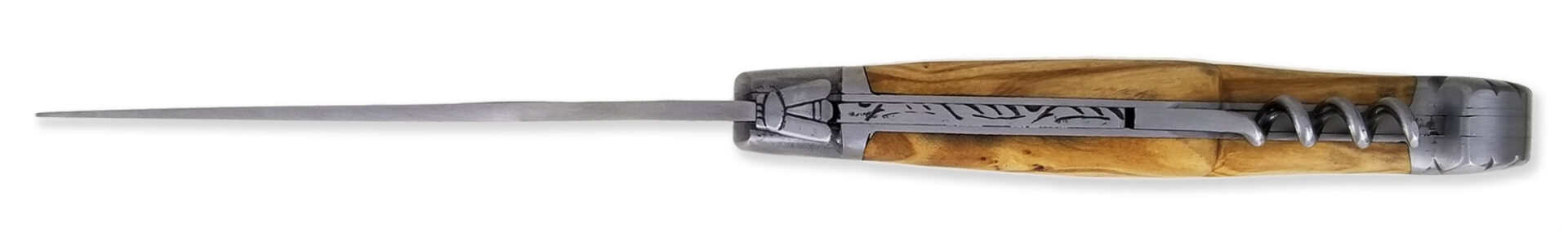 Couteau Laguiole d'Antan Manche en Olivier 2 Mitres Inox Brossé 2 Pièces 12cm avec Tire Bouchon