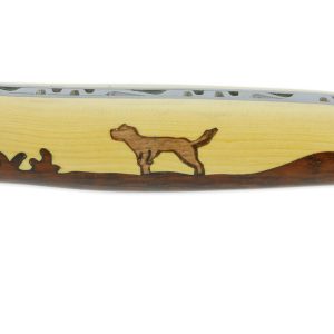 Couteau Laguiole en Aubrac 1 Pièce 12 cm Manche Marqueterie Chien Genévrier et Buis 2 Mitres Inox Brossé