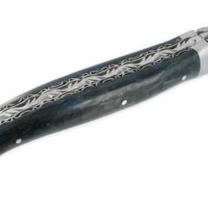 Couteau Laguiole en Aubrac 1 Pièce 12 cm Double Platines Carbone Pailleté Bleu Nacré 2 Mitres Inox Brossé Lame Inox Brossé Num 2