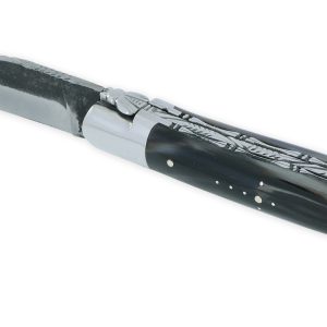 Couteau Laguiole en Aubrac 1 Pièce 12 cm Double Platines Pointe de Corne Foncée 2 Mitres Inox Brillant Lame Brut de Forge Num 2