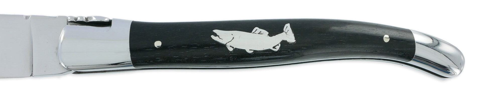 Couteau Laguiole en Aubrac 1 Pièce 12 cm Manche Ebène Marqueterie Truite en Etain 2 Mitres Inox Brillant
