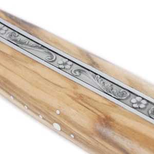 Couteau Laguiole en Aubrac 1 Pièce 12 cm Manche Olivier Ressort Gravé Mouche Forgée Prestige Tête de Mort 2 Mitres Inox Brossé