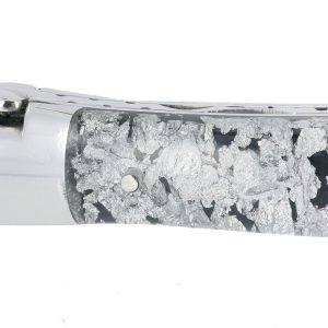 Couteau Laguiole en Aubrac 1 Piece 12 cm 2 mitres inox manche Acrylique Paillete Argent Finition Brillante