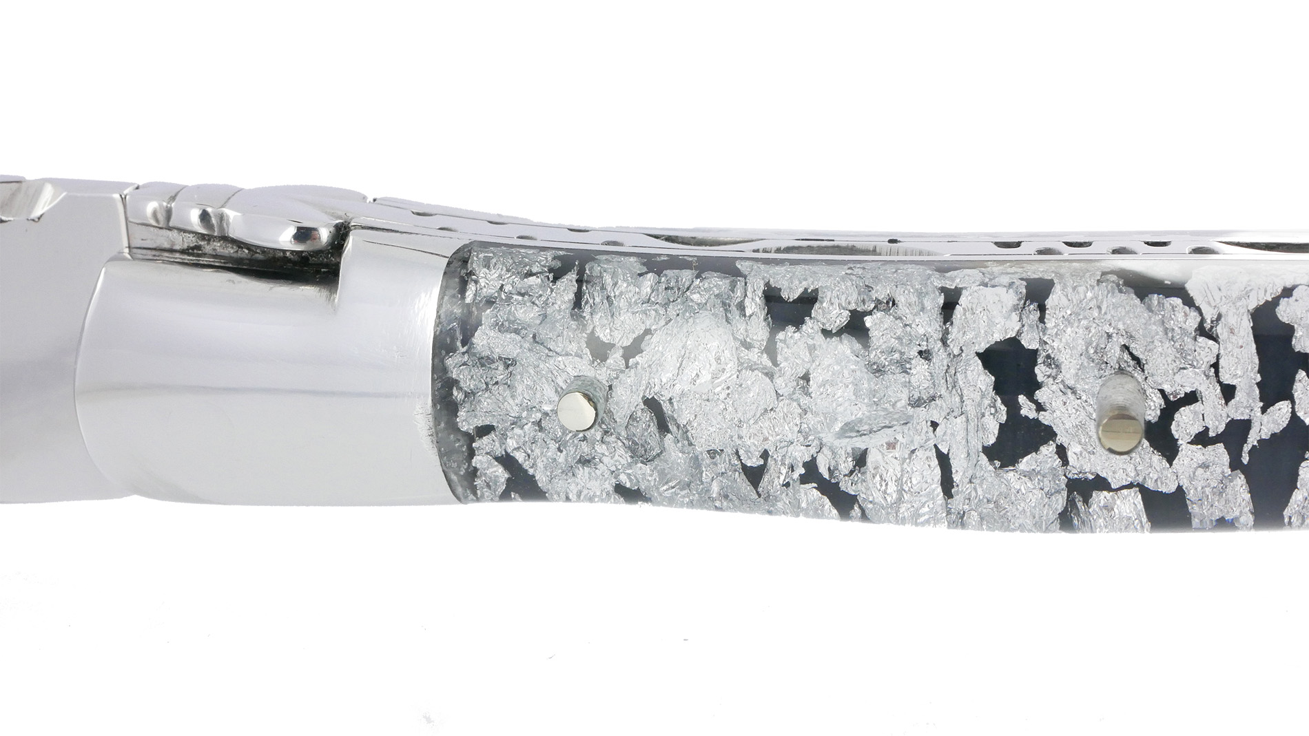 Couteau Laguiole en Aubrac 1 Piece 12 cm 2 mitres inox manche Acrylique Paillete Argent Finition Brillante