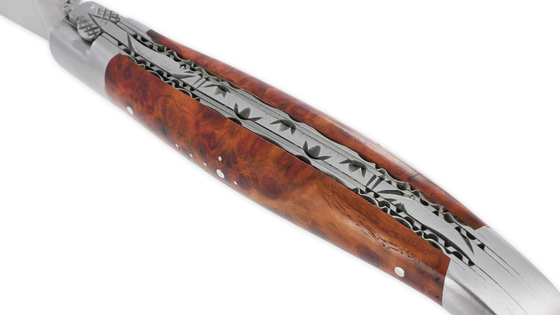 Couteau Laguiole en Aubrac 1 pièce 12cm Manche en Loupe d’Amboine 2 Mitres Double Platines Num1