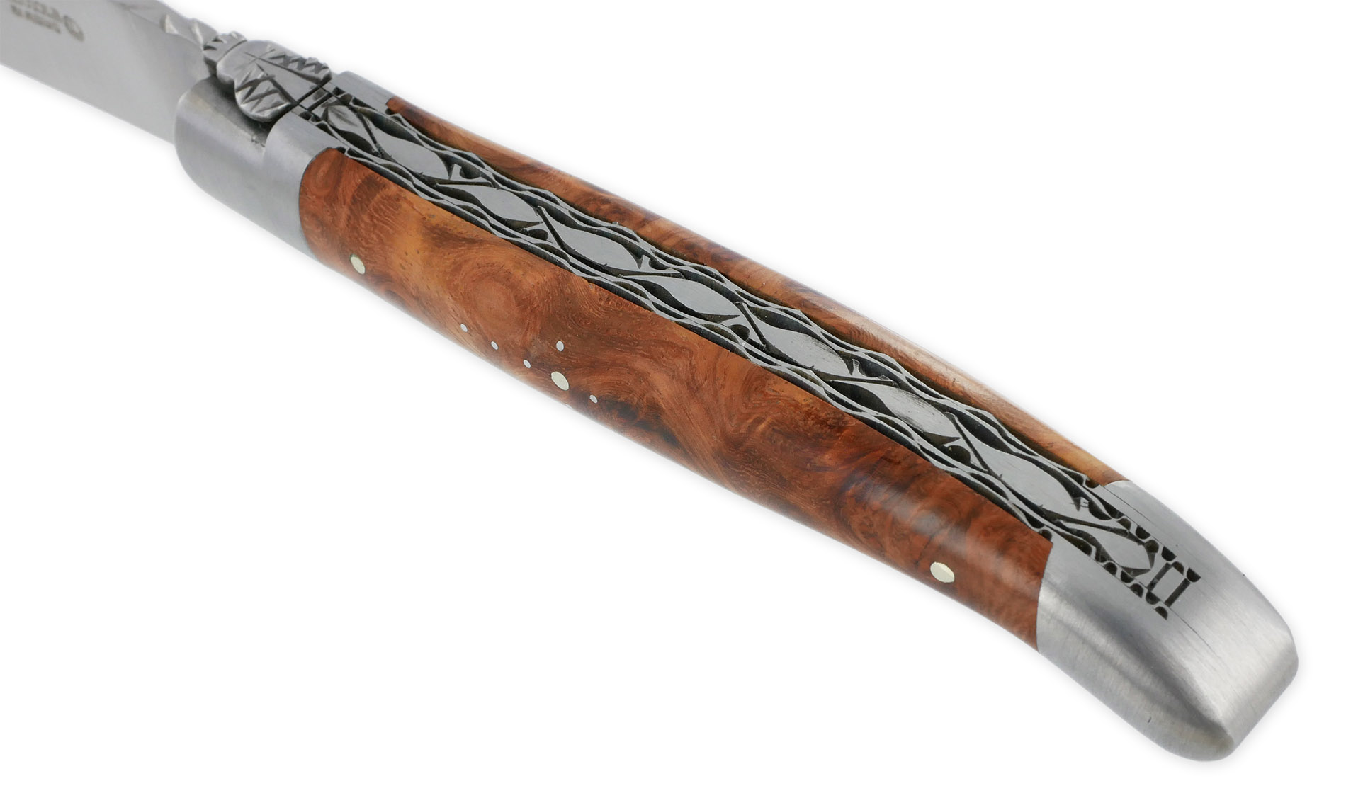 Couteau Laguiole en Aubrac 1 pièce 12cm Manche en Loupe d’Amboine 2 Mitres Double Platines Num2