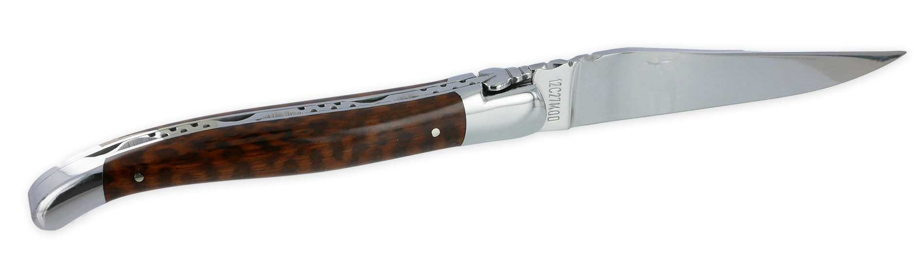 Couteau Laguiole en Aubrac 1 pièce 12cm Manche Amourette avec Incrustation Marqueterie Fleur de Lys en Ivoire de Mammouth 2 Mitres Inox brillant