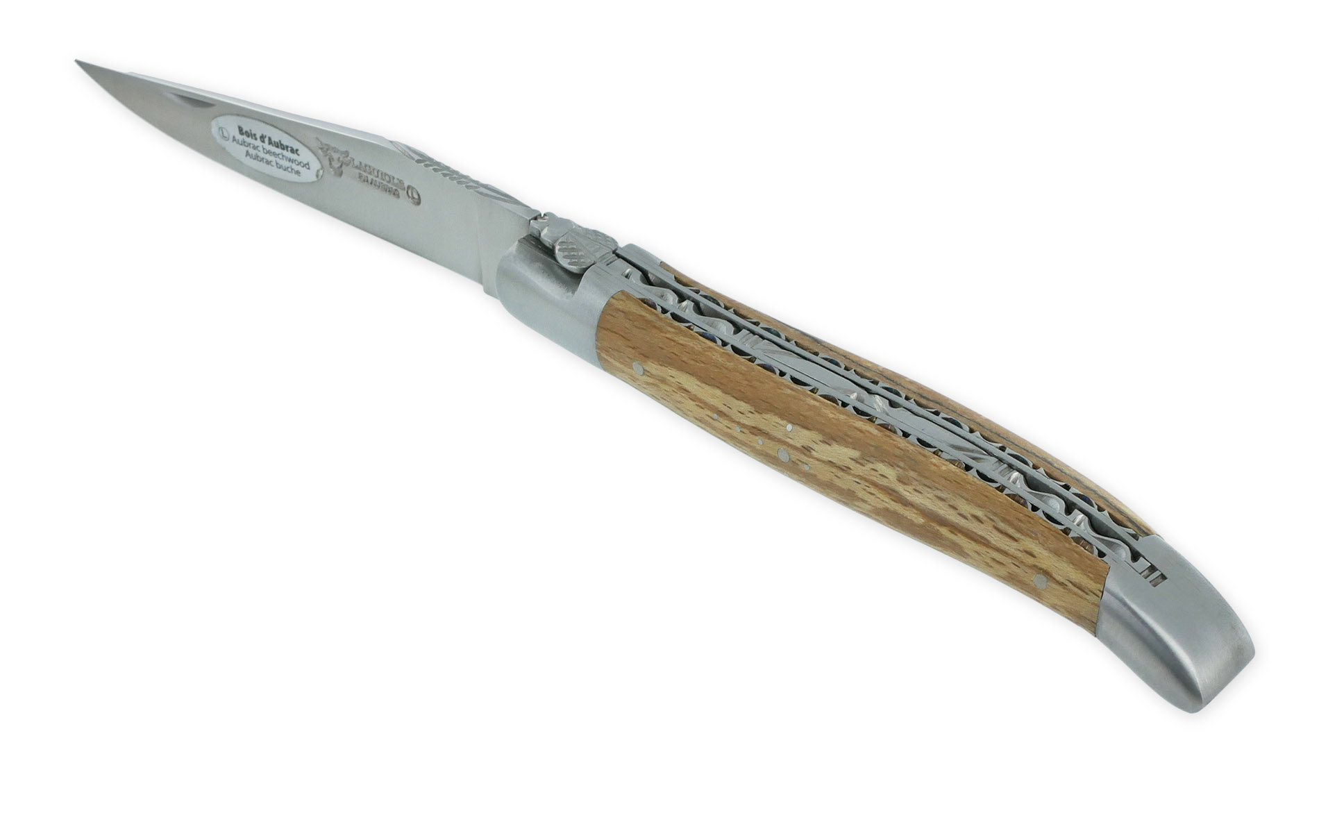 Couteau Laguiole en Aubrac 1 pièce 12cm Manche Bois d'Aubrac 2 Mitres Double Platines Finition Brossée
