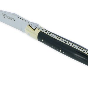 Couteau Laguiole en Aubrac 1 pièce 12cm Manche Ebène Mitres et Platines Laiton Brillant Ressort Guilloché