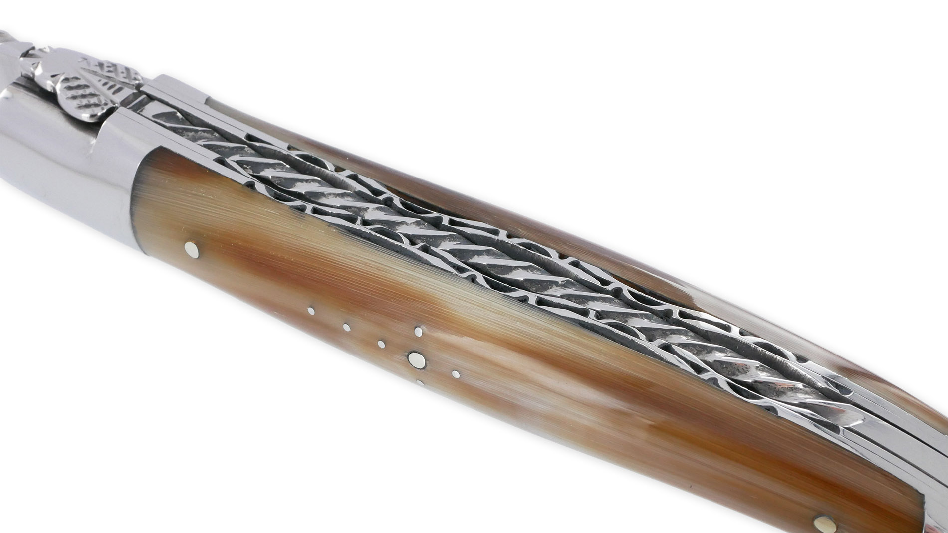 Couteau Laguiole en Aubrac 1 piece 12cm Pointe de Corne 2 Mitres Inox Brillant Double Platines et Ressort Spirale Guillochés Finition Brillante
