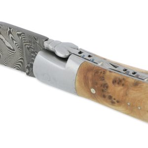 Couteau Laguiole en Aubrac 1 pièce 12cm Manche Genévrier 2 Mitres Inox Brossé Lame Damas Balbach