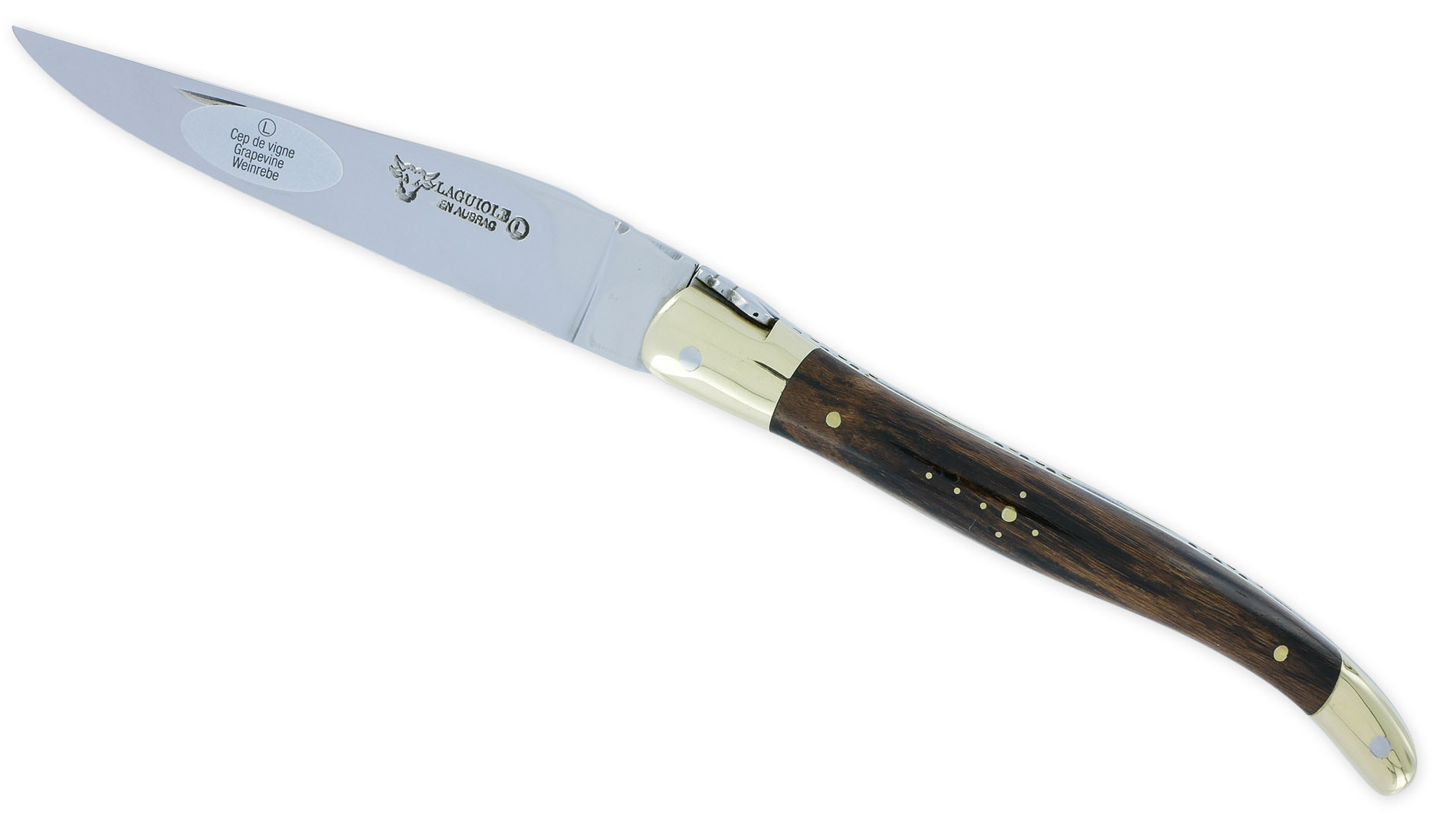Couteau Laguiole en Aubrac 1 pièce 12cm Manche Cep de Vigne Mitres et Platines Laiton Brillant Ressort Guilloché