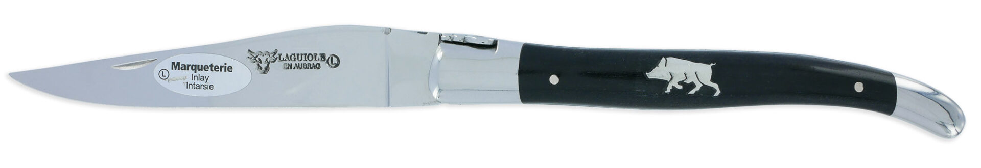 Couteau Laguiole en Aubrac 1 Pièce Manche Ebène Marqueterie Sanglier Etain 2 Mitres Inox Brillant 12 cm