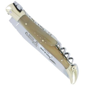 couteau laguiole en aubrac 2 pieces tire-bouchon 12cm Pointe de Corne Mitres Laiton