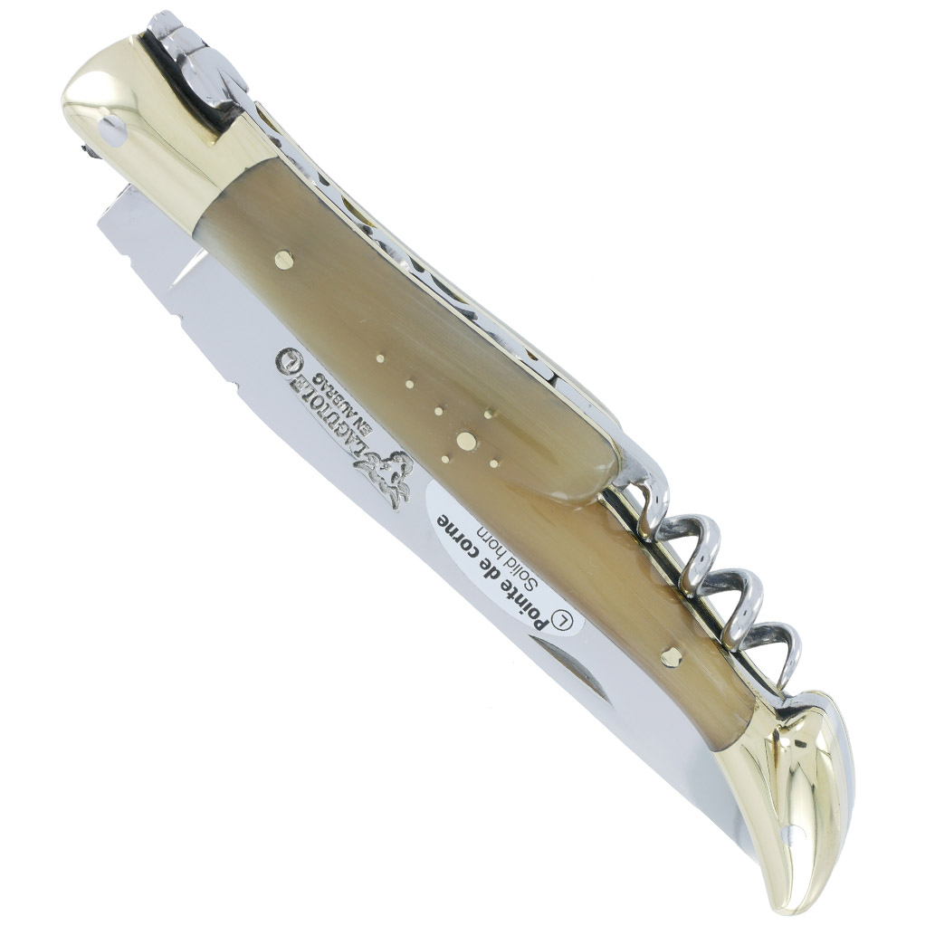 couteau laguiole en aubrac 2 pieces tire-bouchon 12cm Pointe de Corne Mitres Laiton