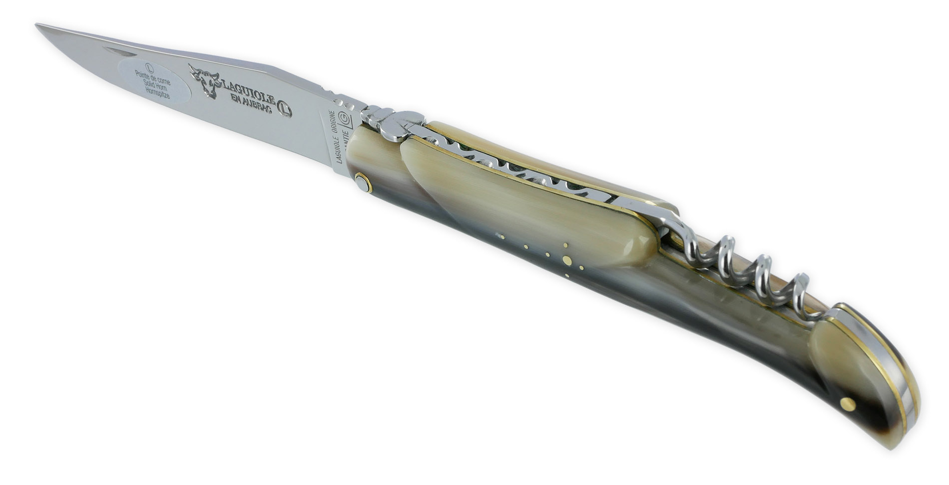 Couteau Laguiole en Aubrac 2 Pièces 12 cm Plein Manche Pointe de Corne avec Tire Bouchon Platines et Rivets Laiton