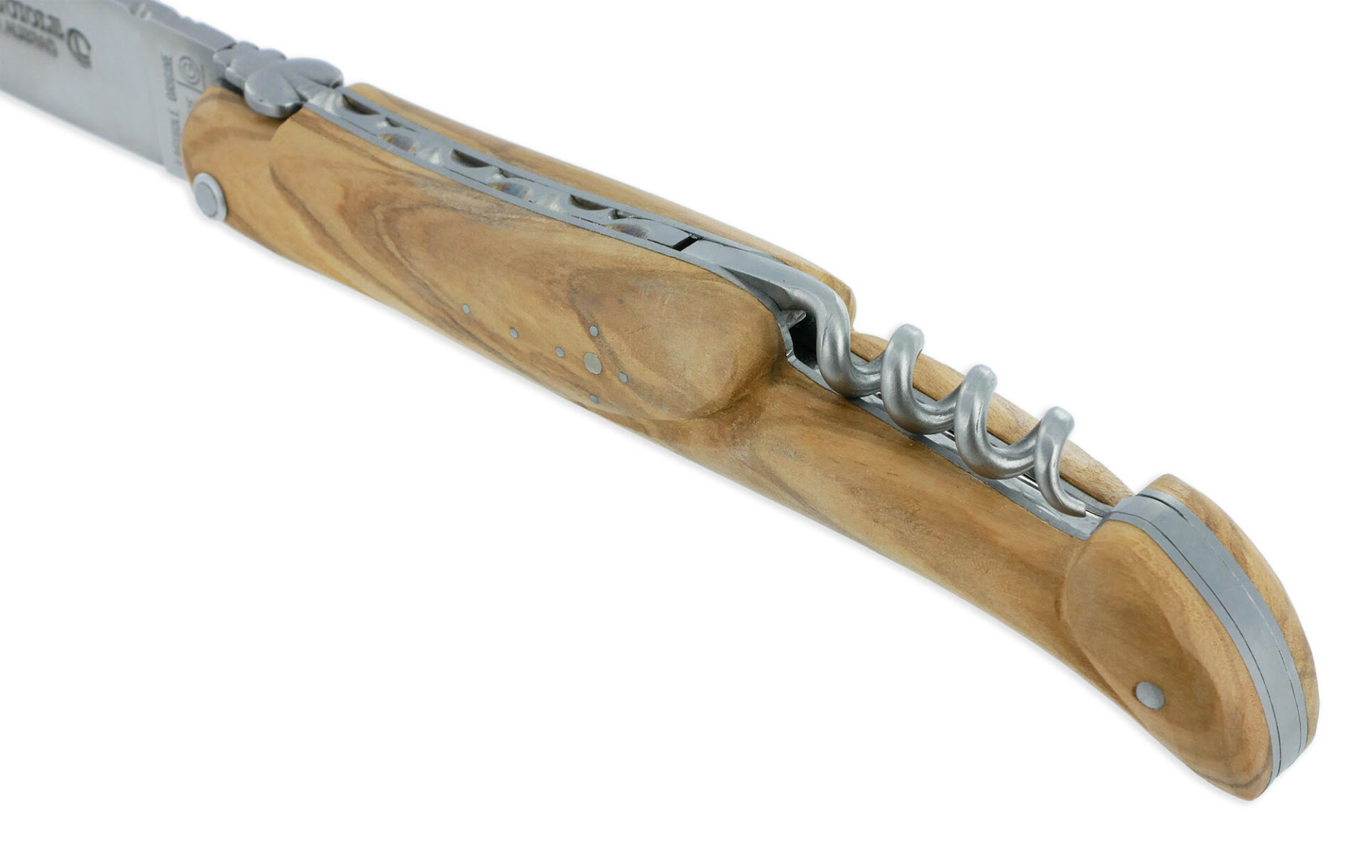 Couteau Laguiole en Aubrac 2 Pièces 12 cm Plein Manche Olivier Finition Brossée avec Tire Bouchon