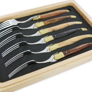 Fourchettes de table Laguiole en Aubrac Bois Mixtes Mitres Laiton Brossé (Set de 6)