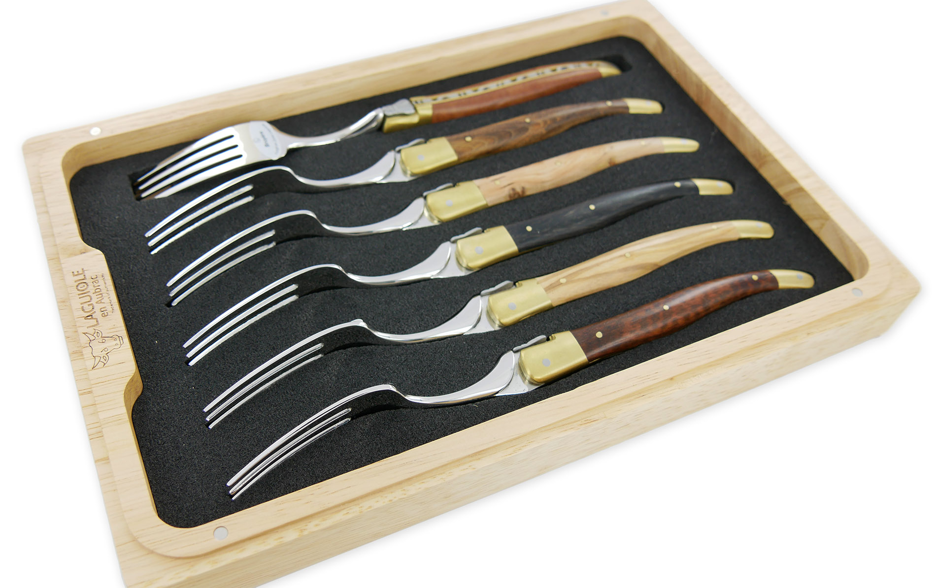 Fourchettes de table Laguiole en Aubrac Bois Mixtes Mitres Laiton Brossé (Set de 6)