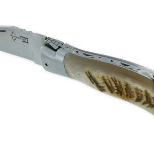 Couteau Laguiole de Chasse Arbalète Manche Croute de Bélier Blond Finition Brossée 12cm