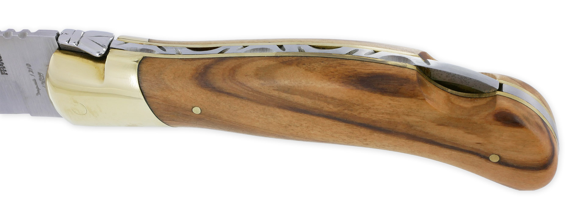Couteau Laguiole de Chasse Arbalète Manche Olivier Mitre avant et Platines Laiton finition brillante 12cm