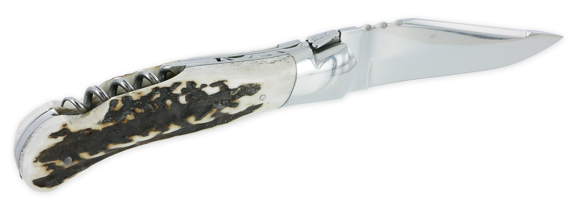 Couteau Laguiole de Chasse Arbalète avec Tire Bouchon Manche Bois de cerf 12cm Finition Brillante