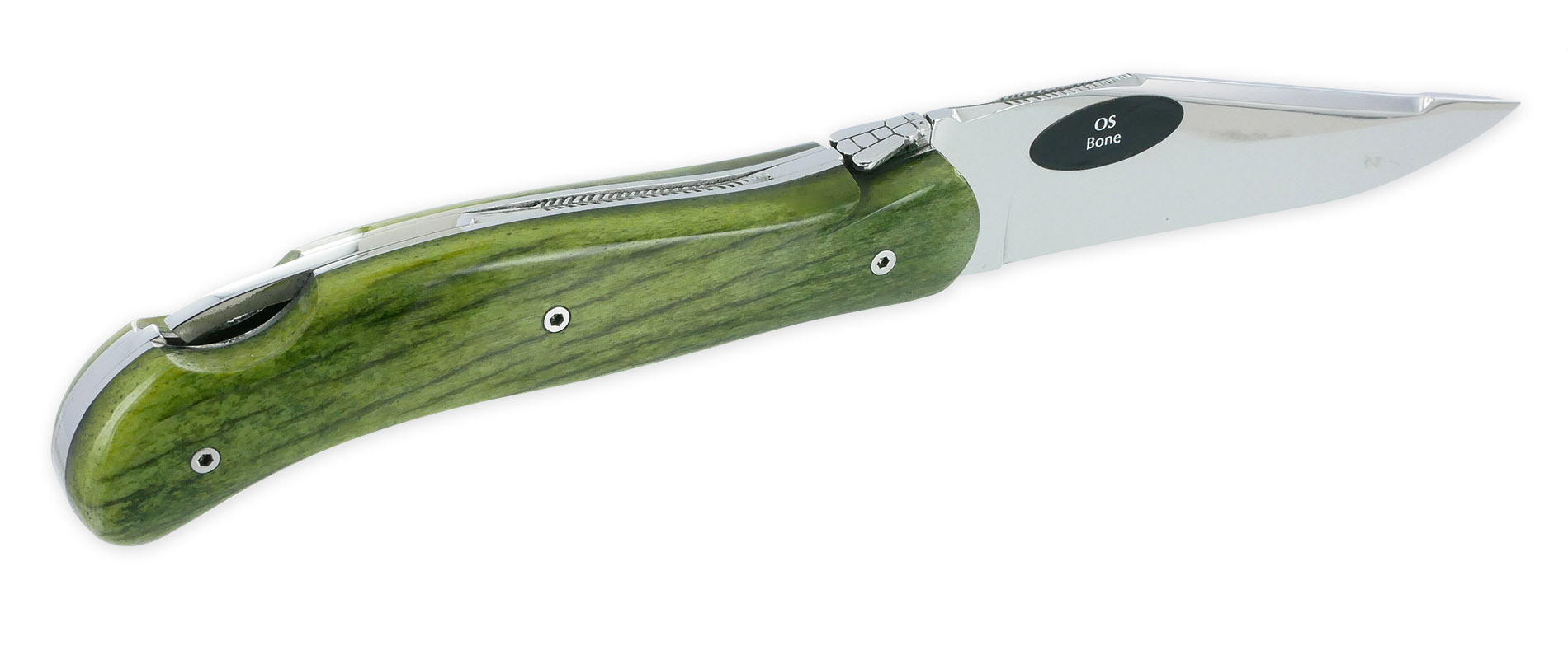 Couteau Laguiole de Chasse Arbalète Manche Os Teinté Safari 12cm Finition Brillante Vert