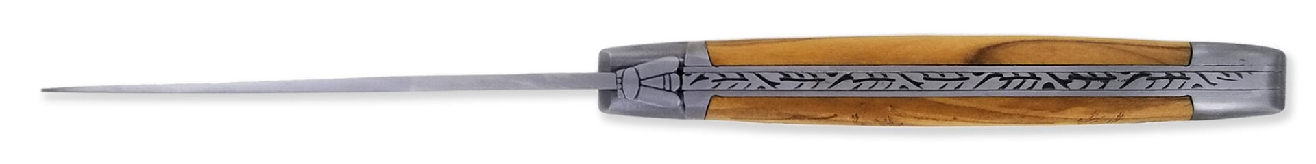 Couteau_Laguiole_Antan_Manche_Olivier_Gravure_Cerf_2_Mitres_Inox_Brosse_1_Piece_12cm