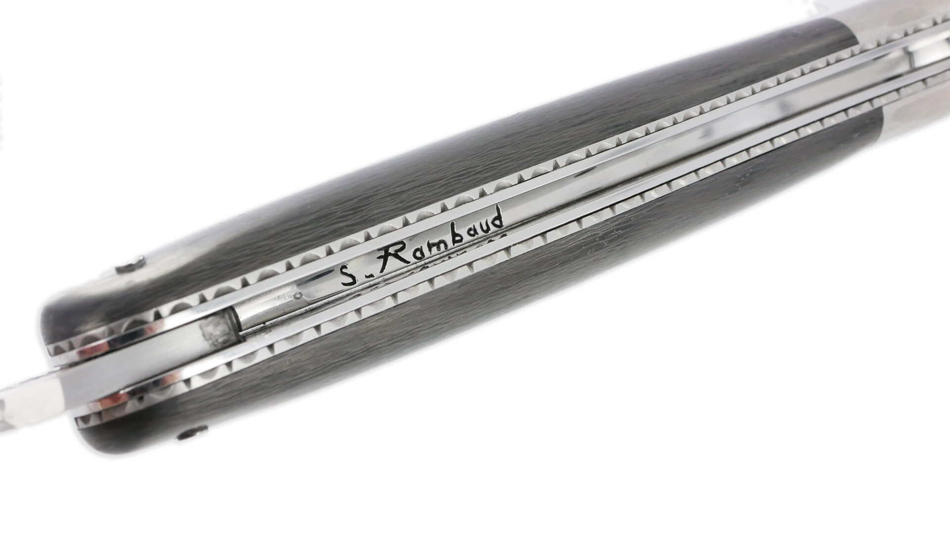Couteau Prestige Forge de Laguiole Rambaud Mitre Arrière manche Fibre Carbone Double Platines Finition Silex