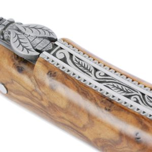 Couteau Prestige Forge de Laguiole Rambaud Plein Manche en Olivier Double Platines Lame Damas
