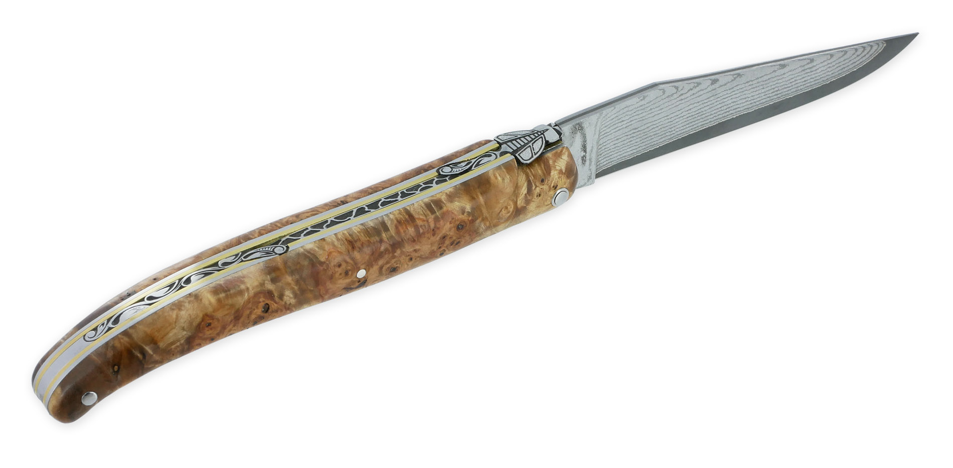Couteau Prestige Laguiole en Aubrac 1 Pièce 12 cm Plein Manche en Loupe de Marronnier Double Patines Lame Damas