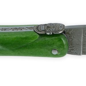 Couteau Prestige Laguiole Tête de Mort Mexicaine Manche Os chameau 1 Pièce 12 cm Lame Damas Ressort Guilloché Main
