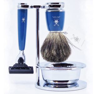 MUHLE Shaving Set Mach3 Safety Razor and Shaving Brush Petroleum Blue Resin Rytmo (4 Pieces)