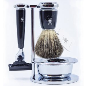 MUHLE Shaving Set Mach3 Safety Razor and Shaving Brush Black Resin Rytmo (4 Pieces)