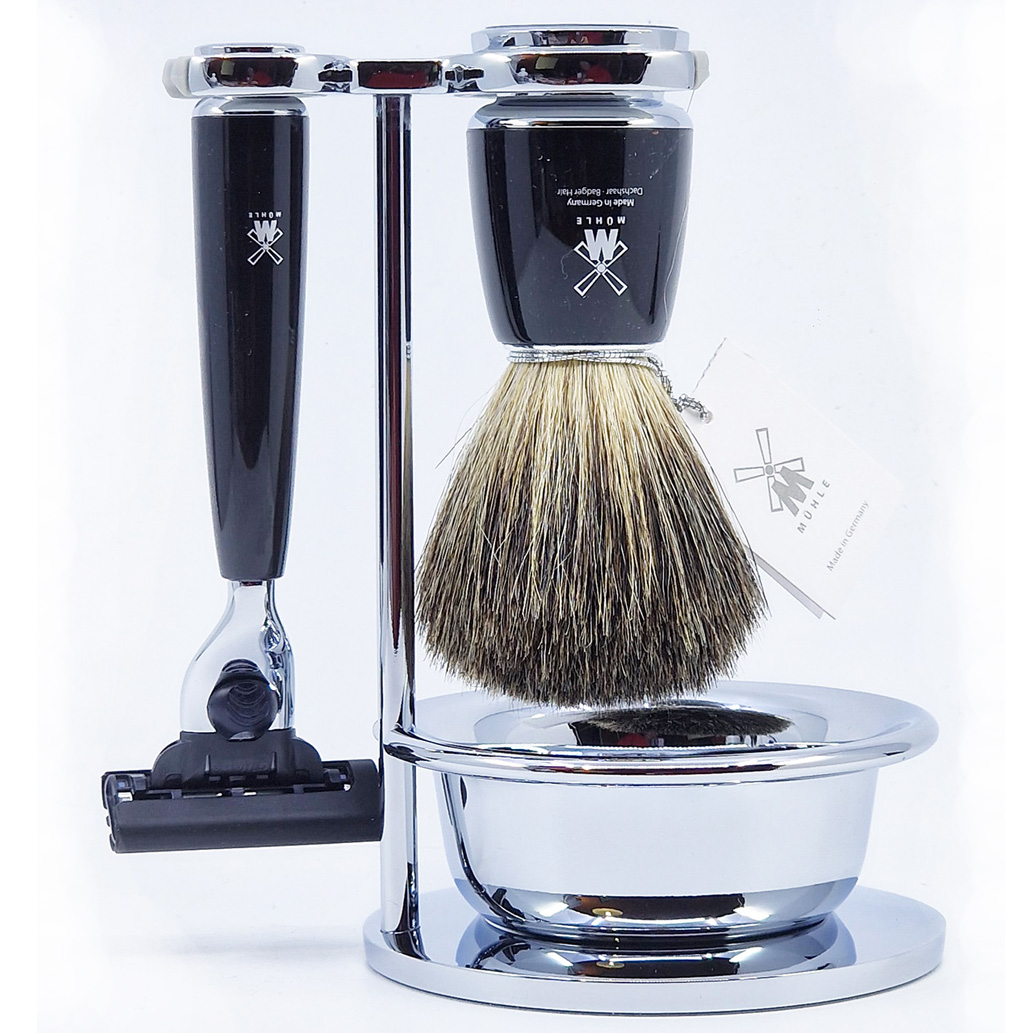 MUHLE Shaving Set Mach3 Safety Razor and Shaving Brush Black Resin Rytmo (4 Pieces)