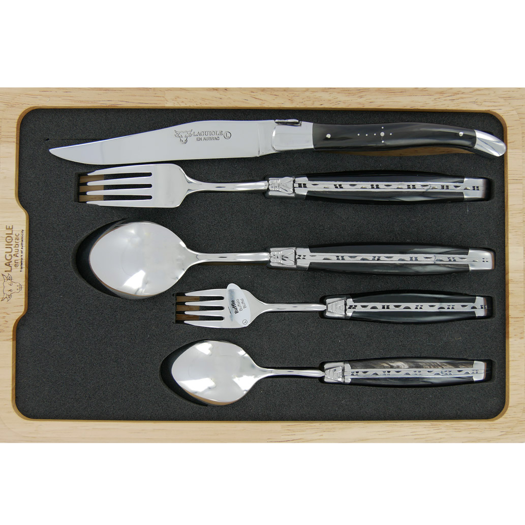 Set de table individuel Laguiole en Aubrac 5 pièces Manches en Buffle Finition Brillante